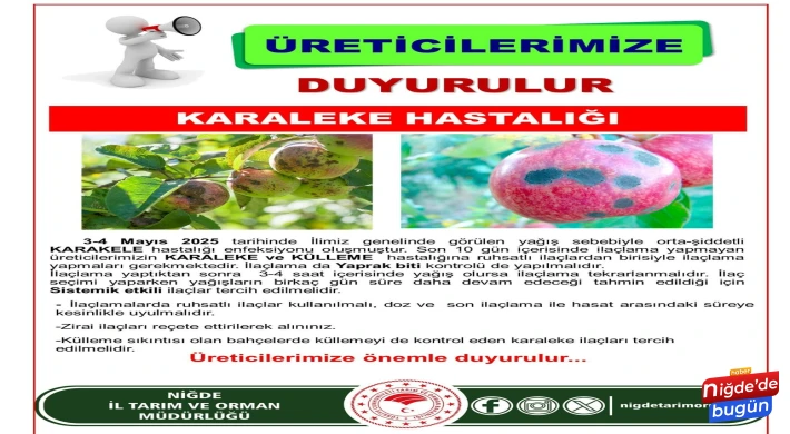 Niğde Tarım İl Müdürlüğü'nden Karaleke Uyarısı: Üreticiler İlaçlama Yapmalı